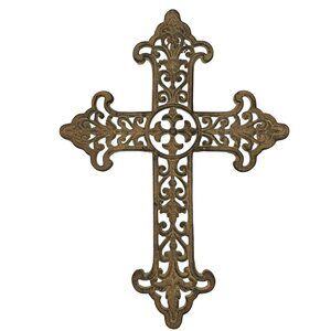 Cast Iron Hanging Cross Scrollwork Rustic Brown Finish Religious Heavy